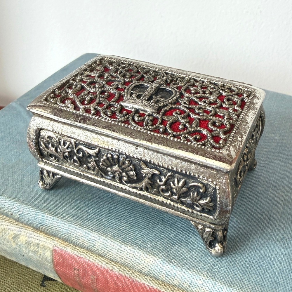 Vintage Silver Tone Ornate Crown Filigree Trinket Box Red Velvet Made in Japan